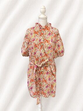 Floral Belted Puff Sleeve Dress in Pink & Orange